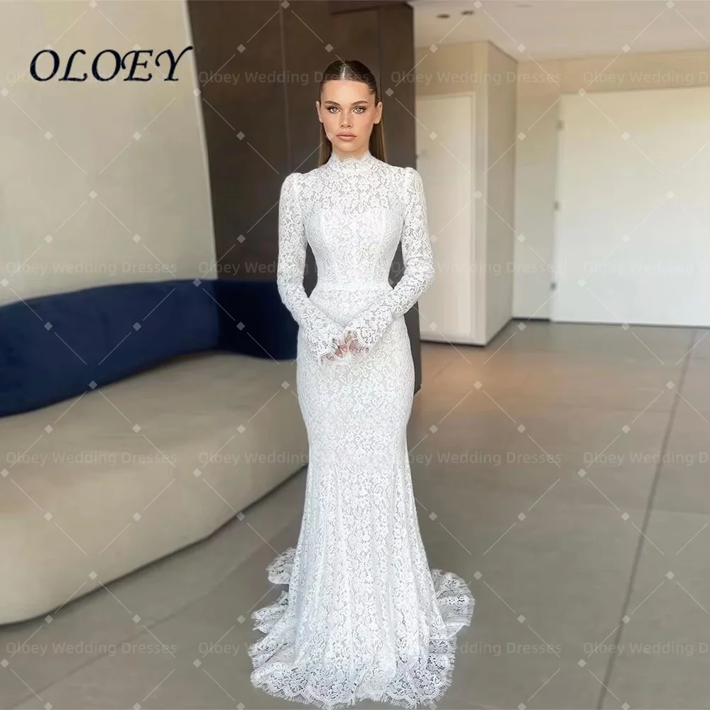 Oloey Customized White Lace Wedding Dress High Neck Long Sleeves Mermaid Bridal Gowns Civil Ceremony Party Wear Vestidos
