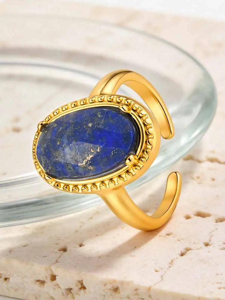 

Natural Lapis Lazuli Ring Oval Blue Stone Stainless Steel Adjustable Open Ring Women Waterproof Handmade Jewelry
