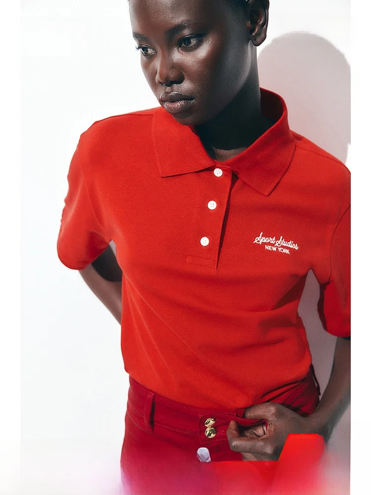 

H&M Женский irt Simple Letter Print Повседневный отложной воротник ort Sve Топ Хлопок 95% спандекс 5% Весна 2025 г.