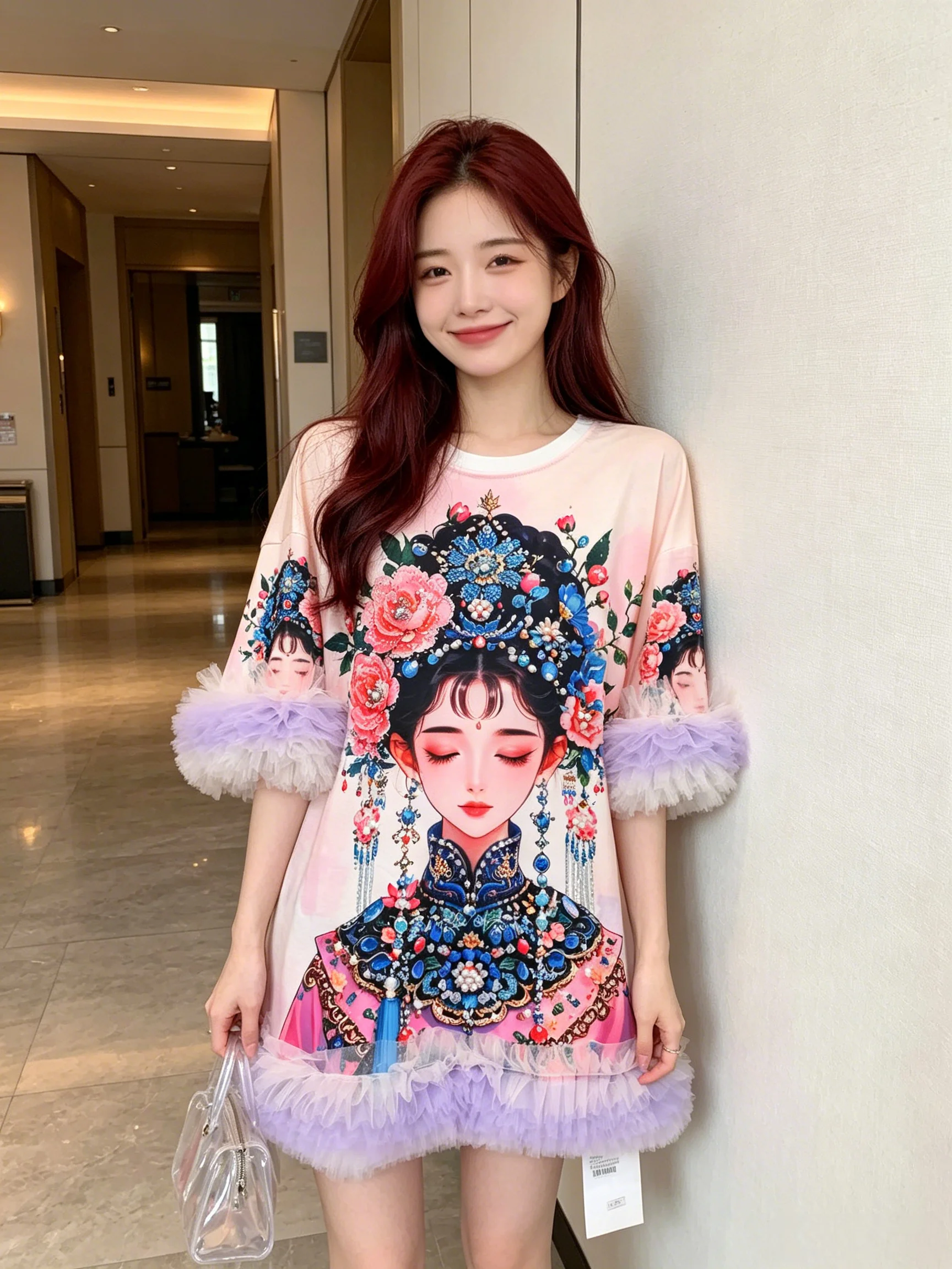 Chinese Wind Vintage Printed Oversize T-shirt New Summer Mid-long Princess Dress Round Neck Elegant Mesh Half Sleeve Sweet Tees
