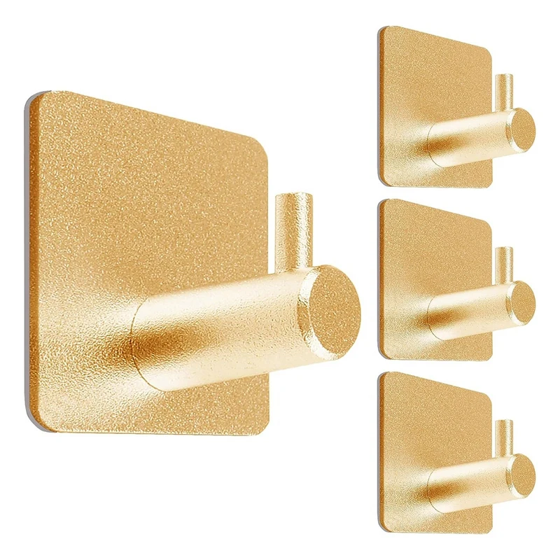 4 PCS Heavy Duty Adhesive Hooks Aluminum Self-Adhesive Hooks Square - Straight Hook Gold