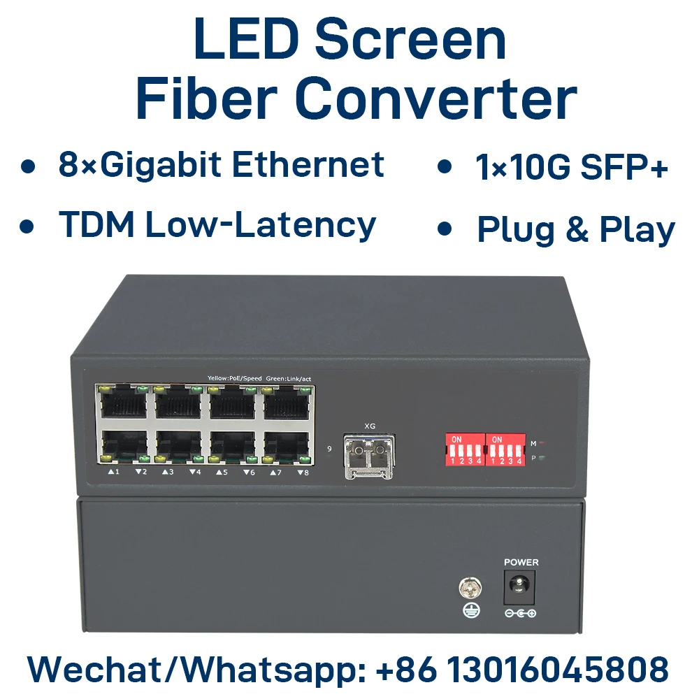 

Оптоволоконный медиаконвертер для LED-дисплеев, 8-портовый Ethernet 10/100/1000 Мбит/с + 10G SFP+, физически изолированная TDM-передача, Plug & Play