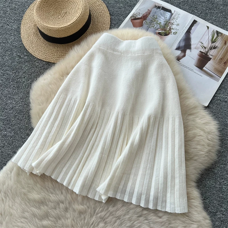 Damen-Strick-Minirock mit hoher Taille, plissierter Swing-Rock, Herbst-Winter, warm, weich, A-Linien-Rock, Damen-Freizeitkleidung, Alltagsbekleidung, Unterteil 644 – Detail 24