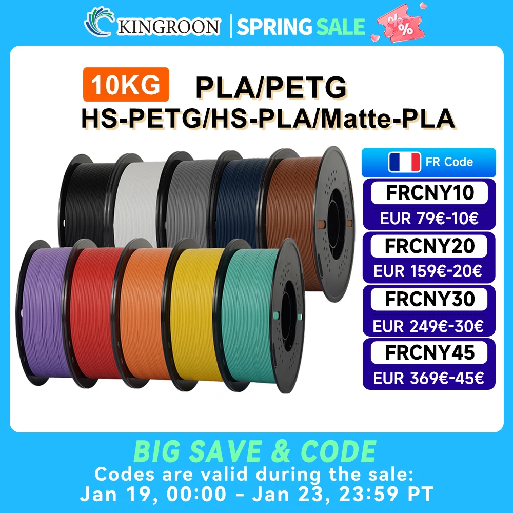 KINGROON 10KG(22LBS) PLA PETG HS-PLA HS-PETG Filament 1.75mm matériau d'imprimante 3D haute vitesse mat PLA 1kg * 10 rouleau mélange de couleurs