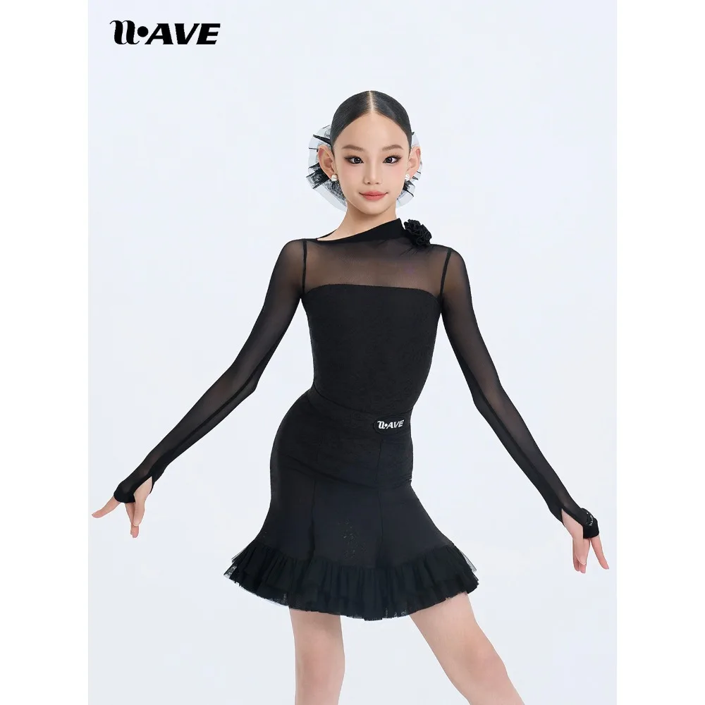 Customized Latin Dance Dress Performance Costumes Jumpsuit Top and Half Skirt 2pcs Girls Training Suit Art Exam Practice Clothes