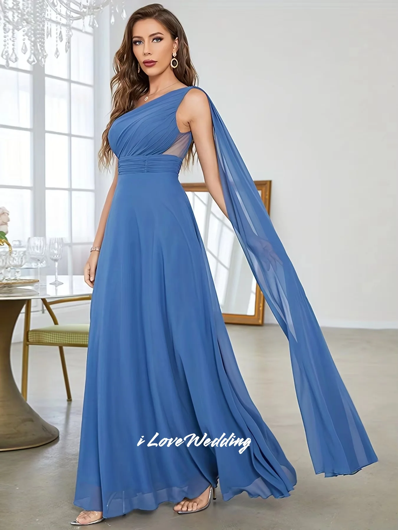 สีฟ้าหนึ่งไหล่ชุดเพื่อนเจ้าสาว 2025 ชีฟองแขนกุดBackless A-Lineความยาวชุดแต่งงานที่กําหนดเอง