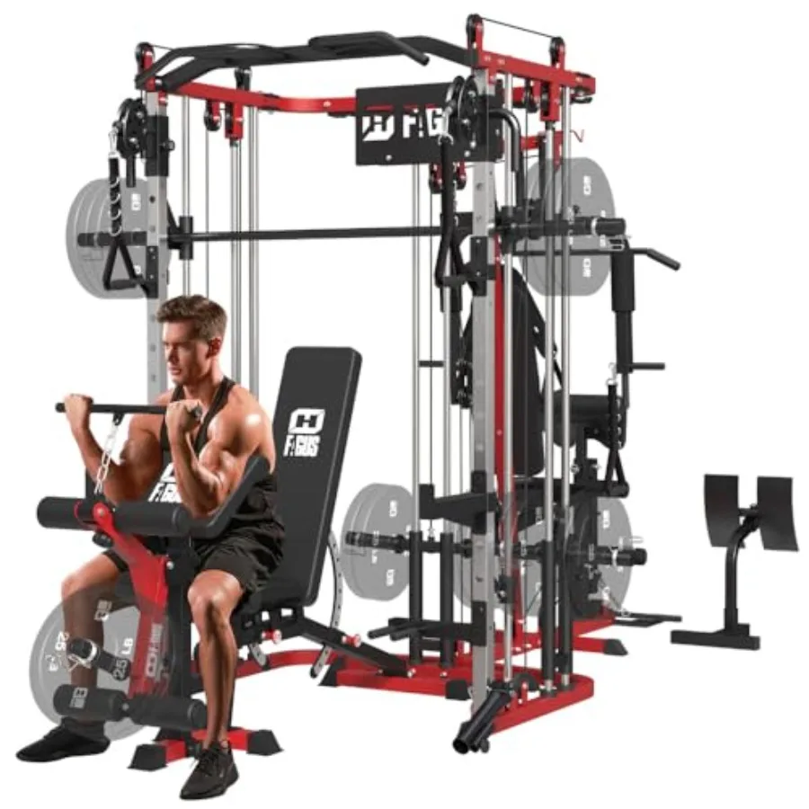 All in One Home Gym System Workout Station Multi-Function Smithe Machine Power Cage with Cable Crossover System Tripe-Sided Ind
