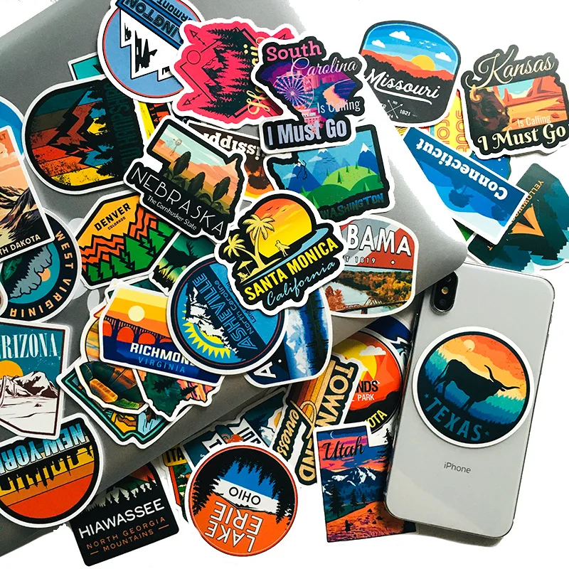 50pcs Large Size US States Stickers Waterproof Skateboard Motorcycle Guitar Luggage Laptop Bicycle Sticker Kids Toys