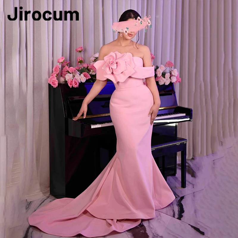 

Jirocum Elegant Mermaid Prom Dress Pink Floral Off Shoulder Party Evening Gown Floor Length Custom Saudi Formal Occasion Dresses