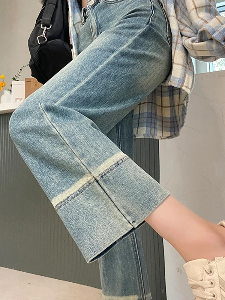 Summer Street Vintage Casual Chicly Elastic Baggy Jeans Women Fashion High Waist Simple Washed Distressed Female Wide Leg Pants