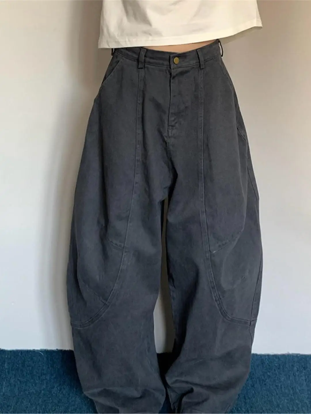 Calças de Trabalho Retrô Americanas de Perna Larga para Homens e Mulheres, Jeans Casuais Soltos e Versáteis de Comprimento To...