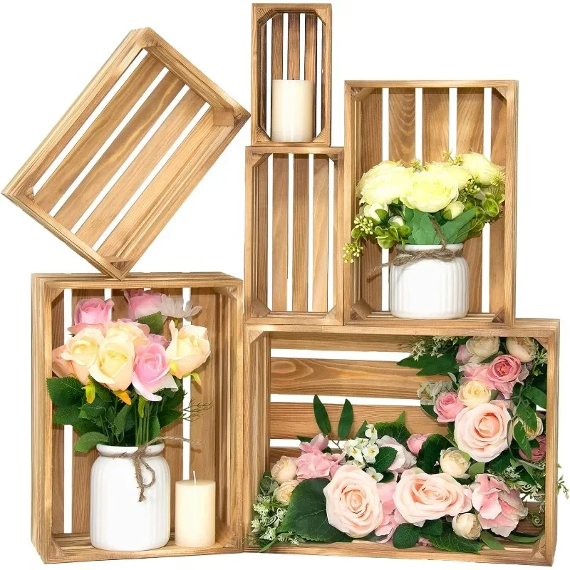 

6 Pcs Decorative Wood Container and Decorations Crates for Display, 6 Size Large Farmhouse Wooden Basket for Storage