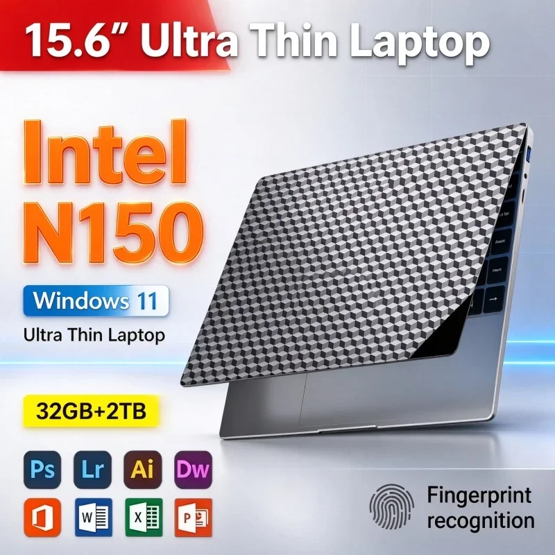 Windows11 2026 New 15.6'' Inch Ultra Thin Notebook Intel N150 Laptop 32GB RAM 1TB/2TB SSD FHD PC For Student Daily Gaming Office