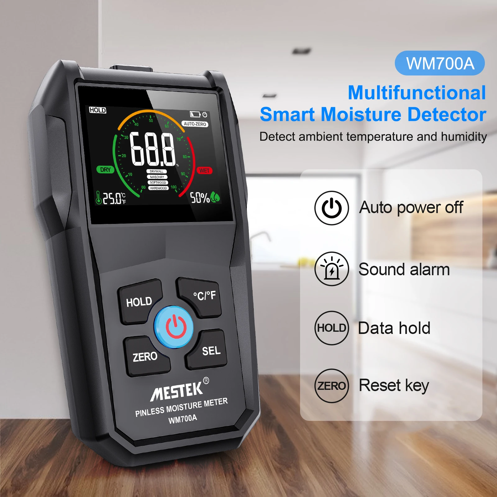 WM700A Inductive Moisture Detector Non-Contact Wood Moisture Meter Temperature Humidity Detection Home Moisture Detector