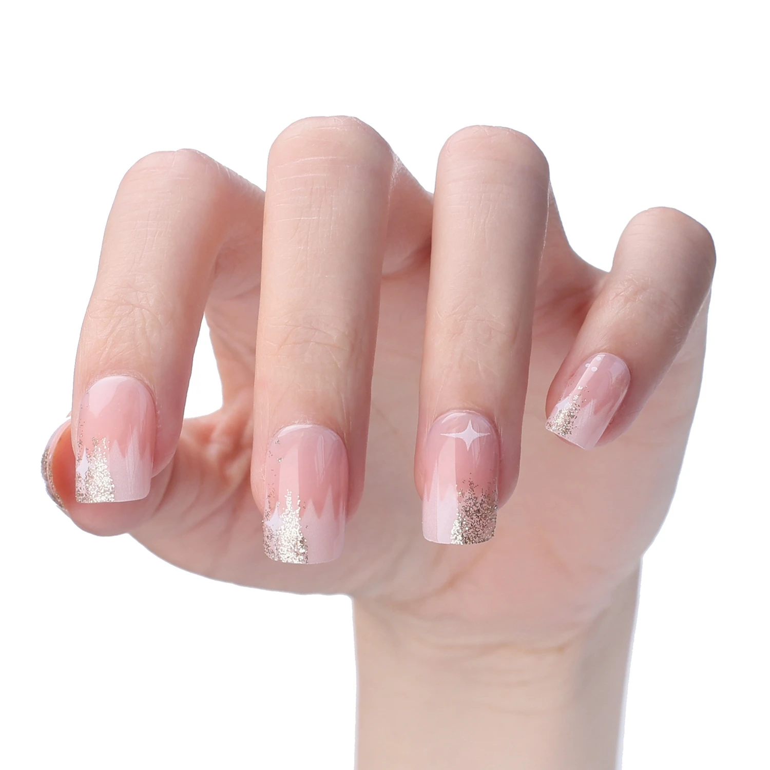 Nude Ombre Glitter Faux ongles French Fake nails Dotted with stars Fasle nails natural Medium square Artificial nails 24PCS/Set