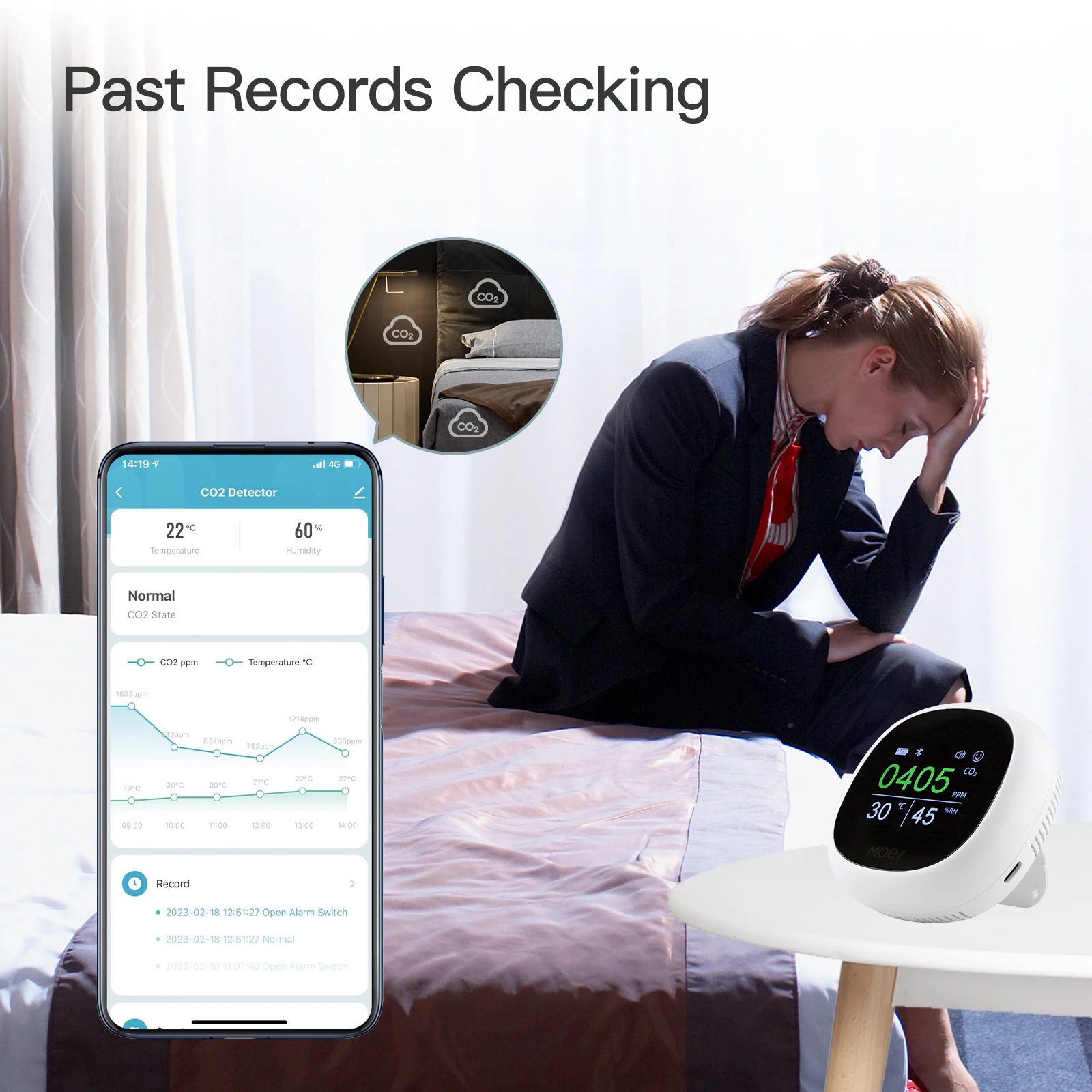 MOES Bluetooth Tuya Smart 3 In 1 CO2 Meter Digital Temperature Humidity Sensor Air Quality Monitor Detector with Alarm Clock