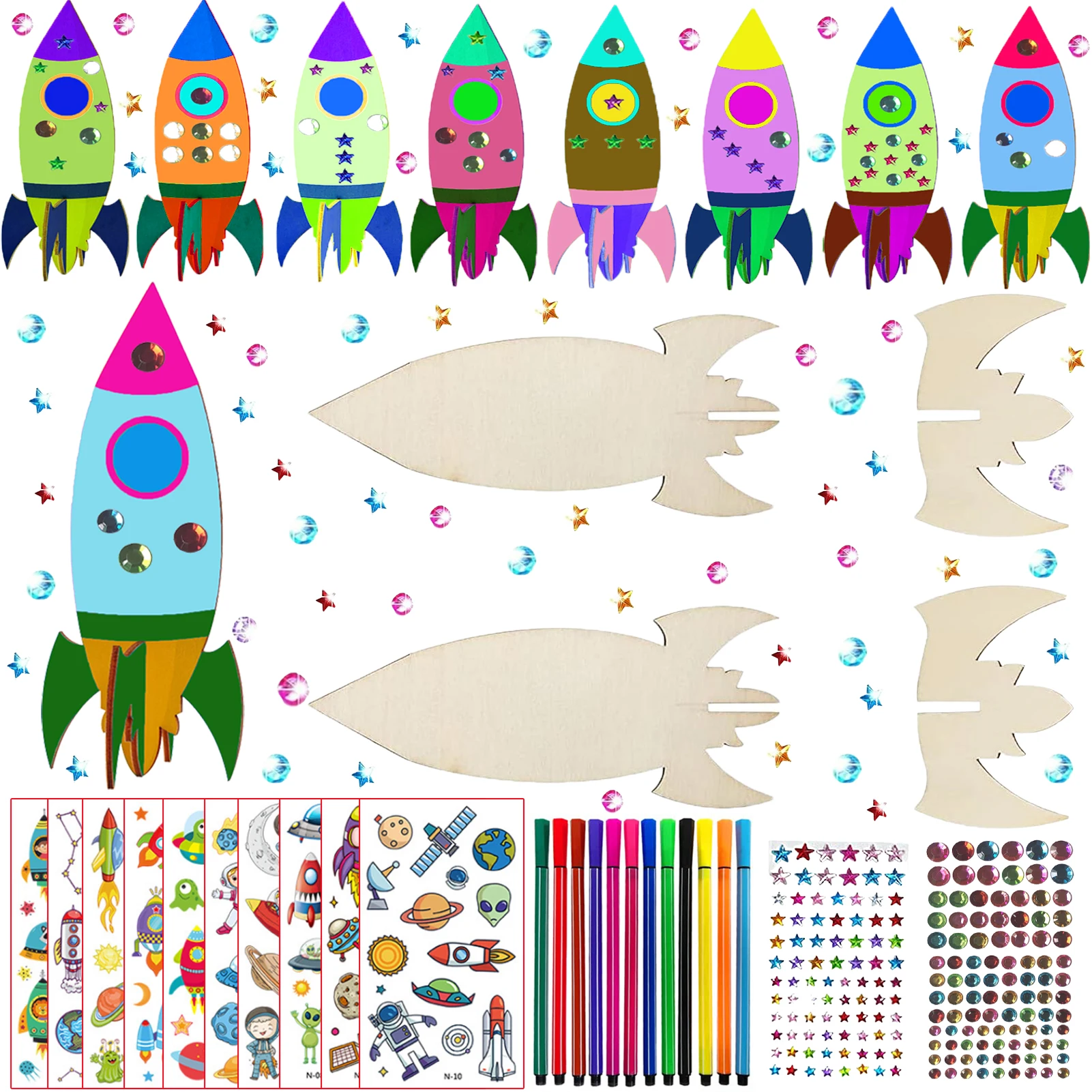 

32 PCS of rocket woodworking crafts, rocket toys, birthday crafts, DIY crafts, DIY paintings, children's birthday gifts