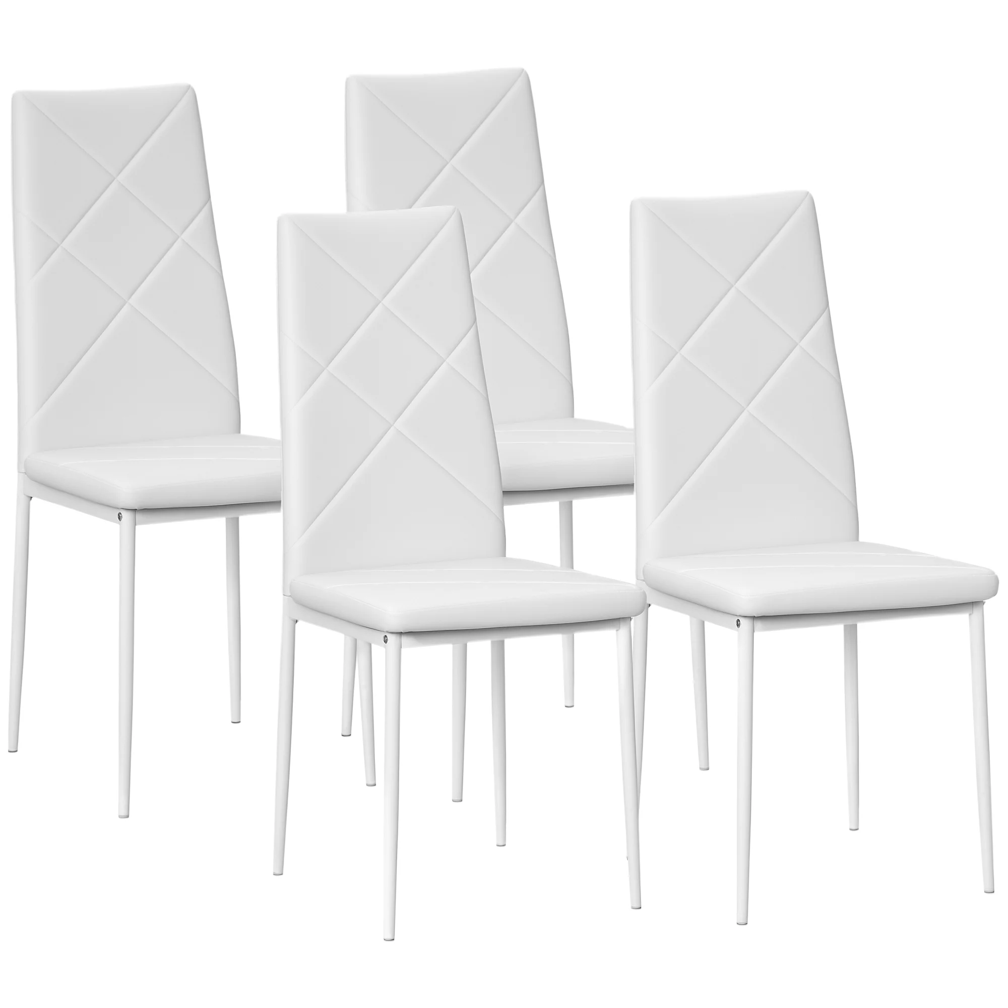 HOMCOM set di 4 sedie da pranzo con schienale alto, rivestimento sintetico e piedi in acciaio, bianco