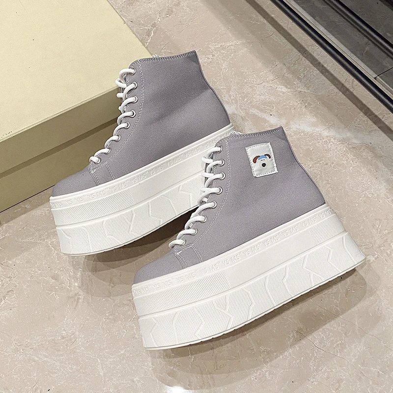 Women's Canvas Thick Bottom Heightening Platform Sneakers Spring New Style Breathable High Top Casual Sports Single Shoes - view 4