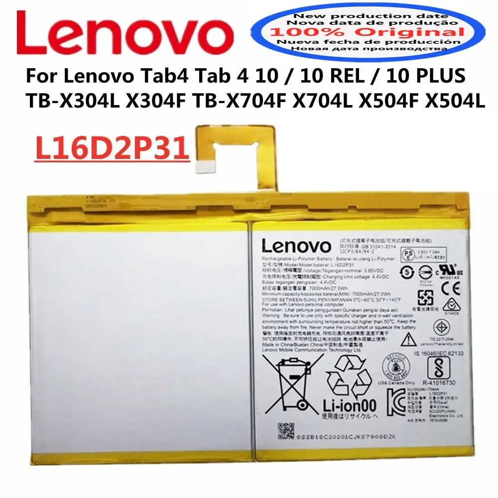 L16D2P31 Original Tablet Battery For Lenovo Tab 4 10 REL / 10 PLUS TB-X304L X304F TB-X704F X704L X504F X504L 7000mAh Batteria