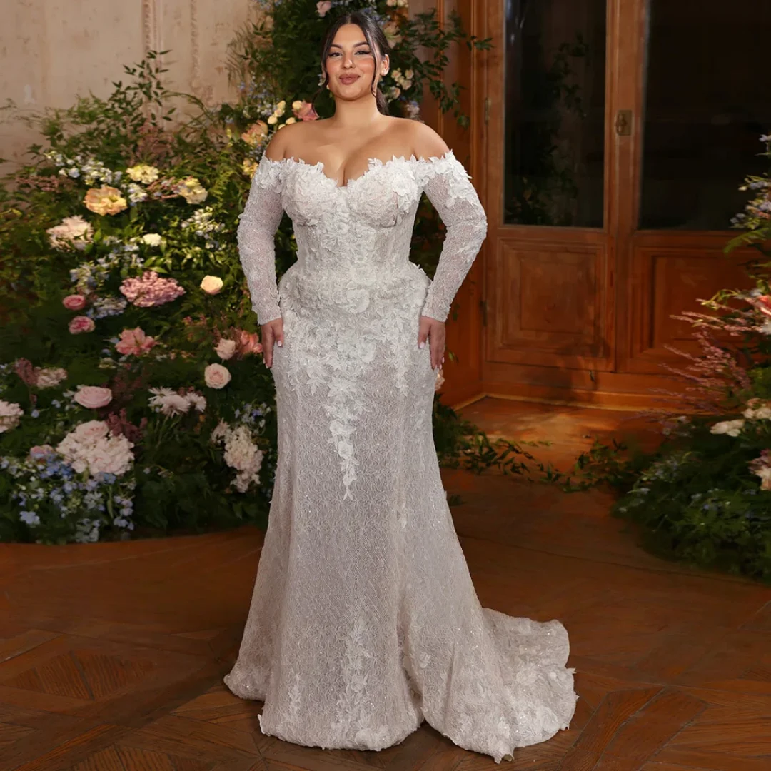 

Customized Sparkling Lace Sexy Mermaid Wedding Dresses Plus Size Long Sleeves V Neck Applique Beading Vestido De Noiva Bridal Go