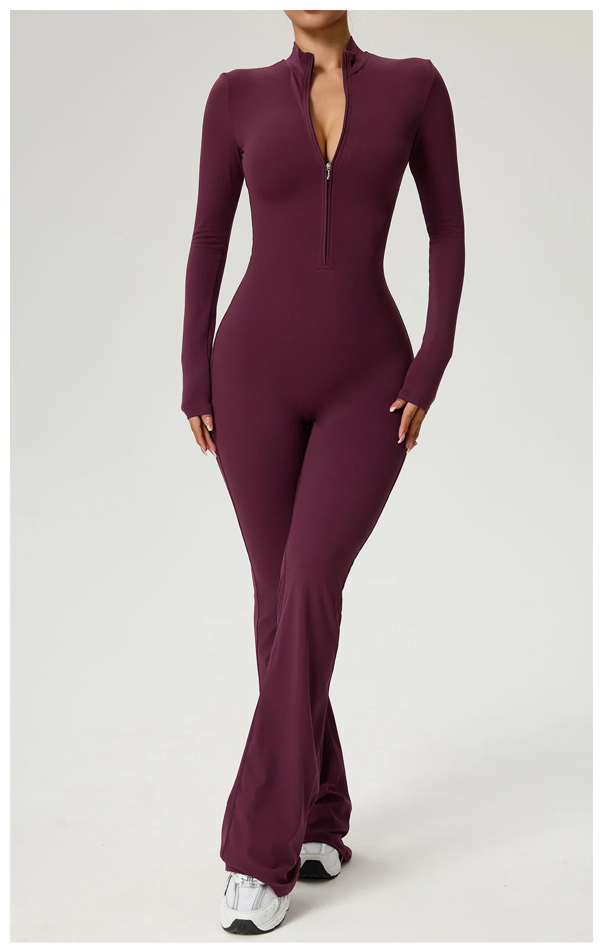 Neuer Reißverschluss-Jumpsuit mit Schlaghose Damenkleidung Sportbekleidung Gym Yoga Sportsets Spandex Nylon Trainingssets Damen Trainingsanzug – Detail 12