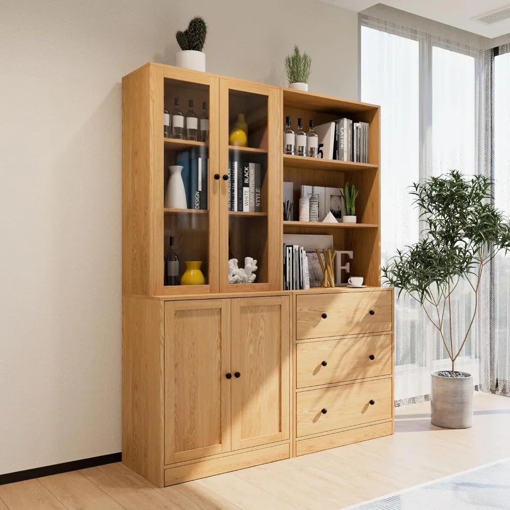 خزانة كتب مقاس 71 بوصة، أرفف كتب حديثة من 3 طبقات و3 أدراج كبيرة، خزانة ملفات خشبية مع رف تخزين مفتوح بوفيه Meubles #1