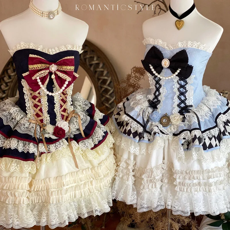 Franse Romantische Stijl Lolita Op Elegant Meisje Cosplay Prinses Poff Mouw Lint Strik Bloem Tuniek Mesh Fantastische Fee Jurk