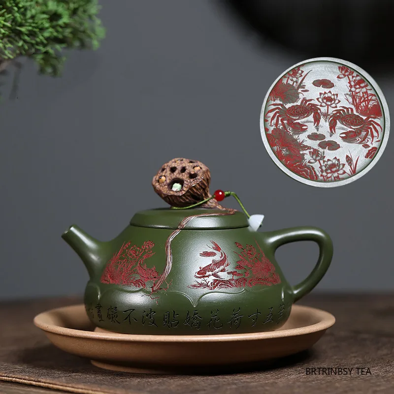 Chinese Yixing Purple Clay Teapot Creative Handmade Lotus Frog Tea Pot Raw Ore Green Mud Kettle Household Zisha Teaware 310ml
