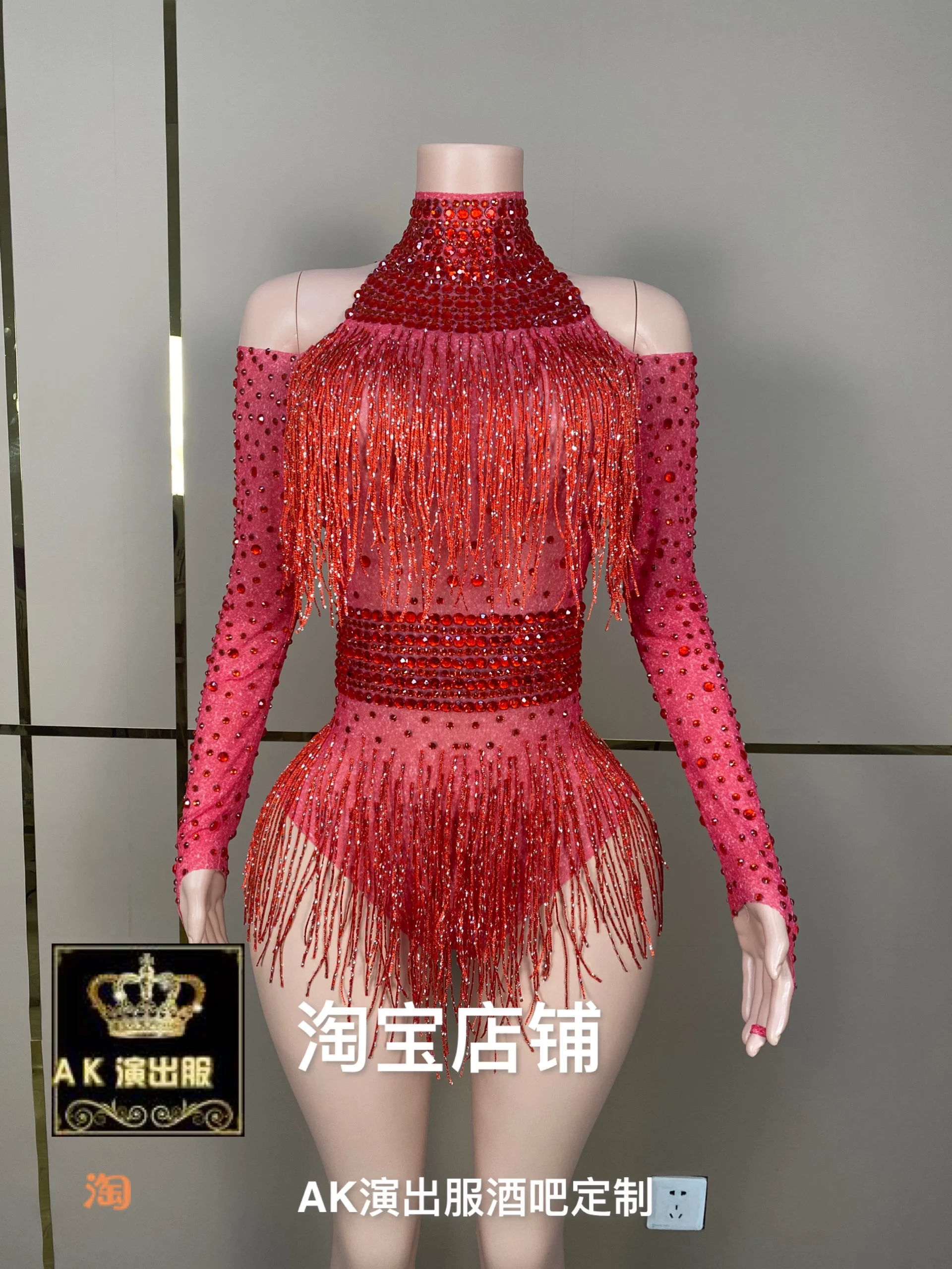 

Full Diamond Red Tassel Jumpsuit For Nightclubs Bars Festivals Party Female Singers Singing Dancing Stage Performances Costumes