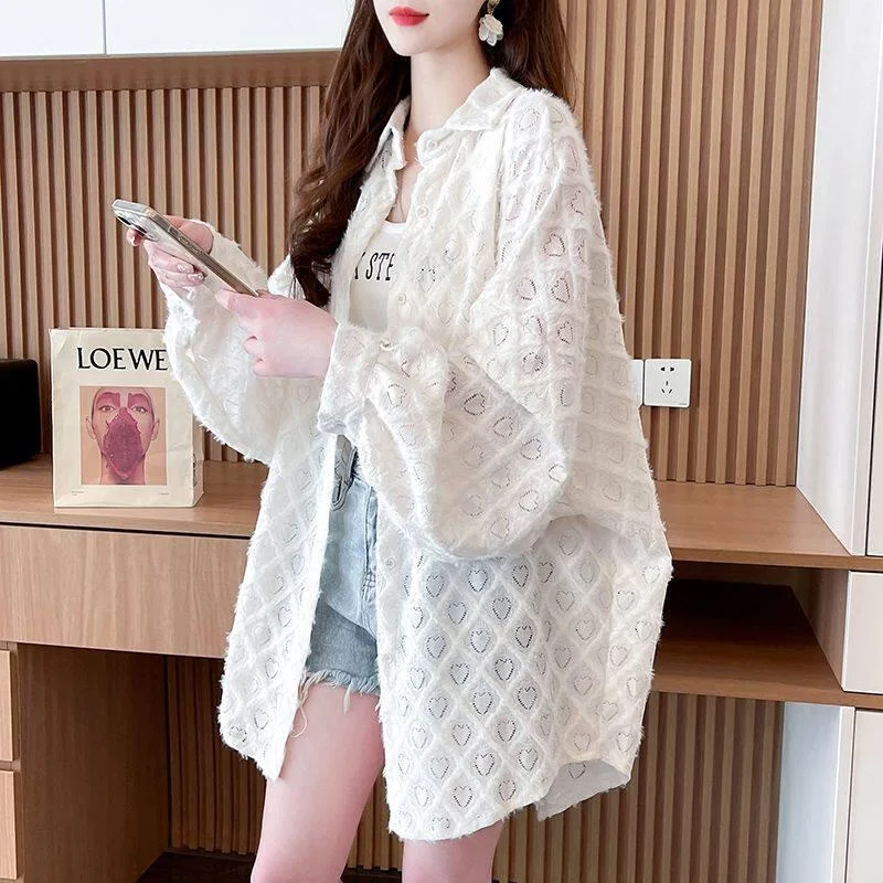 Summer Large Size Men's Shirt Hollow out Loose Fit Thin Love Heart Pattern Casual Style Polyester Fiber Long Sleeve Top