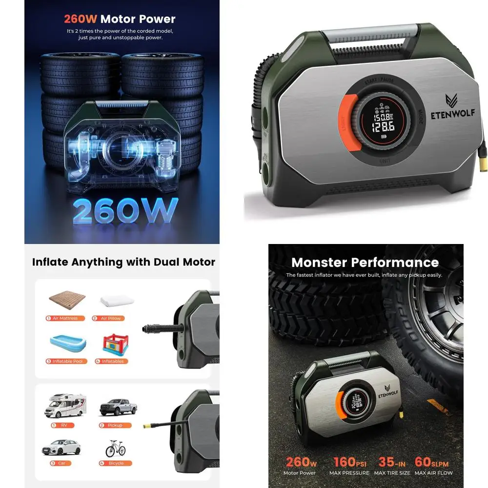 

Накачка шин VORTEX S7 для тяжелых транспортных средств, портативный воздушный компрессор для автомобильных шин с аккумулятором 160 фунтов на квадратный дюйм и 38400 мАч, беспроводной