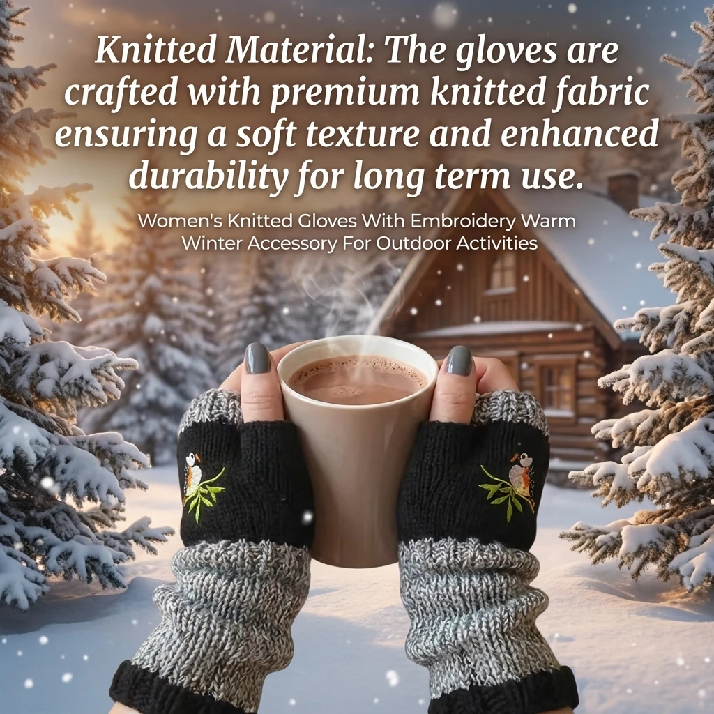 Knitted Gloves for Winter Outdoor Women's Embroidery Warm Handwear Soft Thermal Mittens Breathable Cozy Gift Accessories