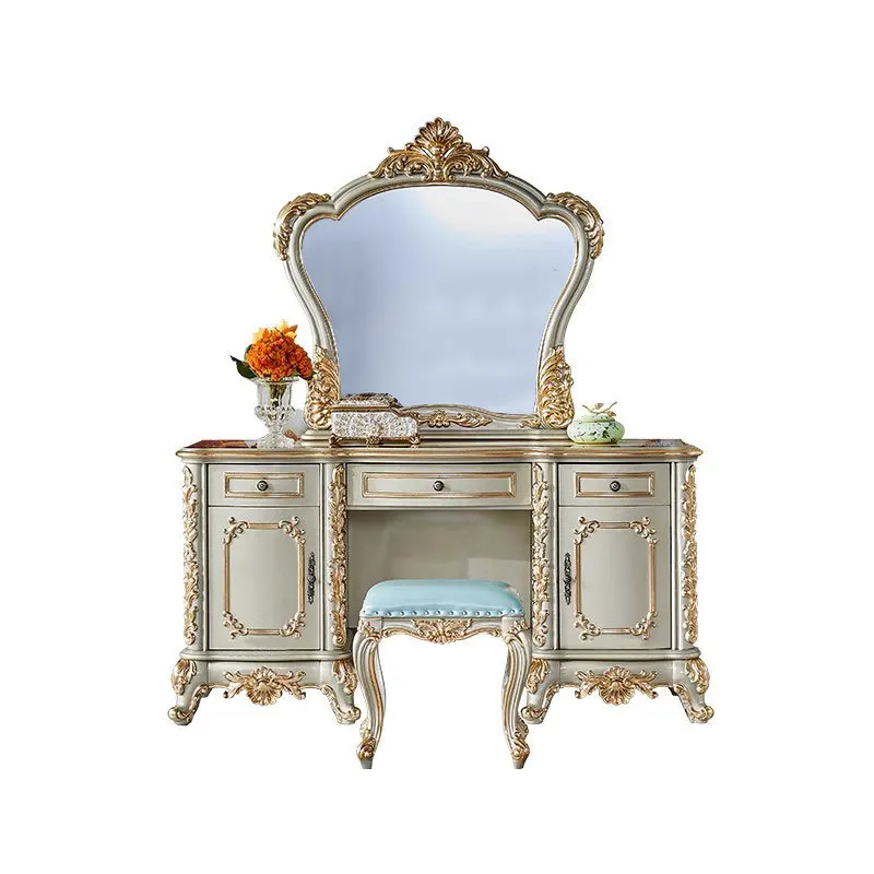 

European style, solid wood, villa luxury gold dressing table, high-end, carved, bedroom princess dressing table and chair