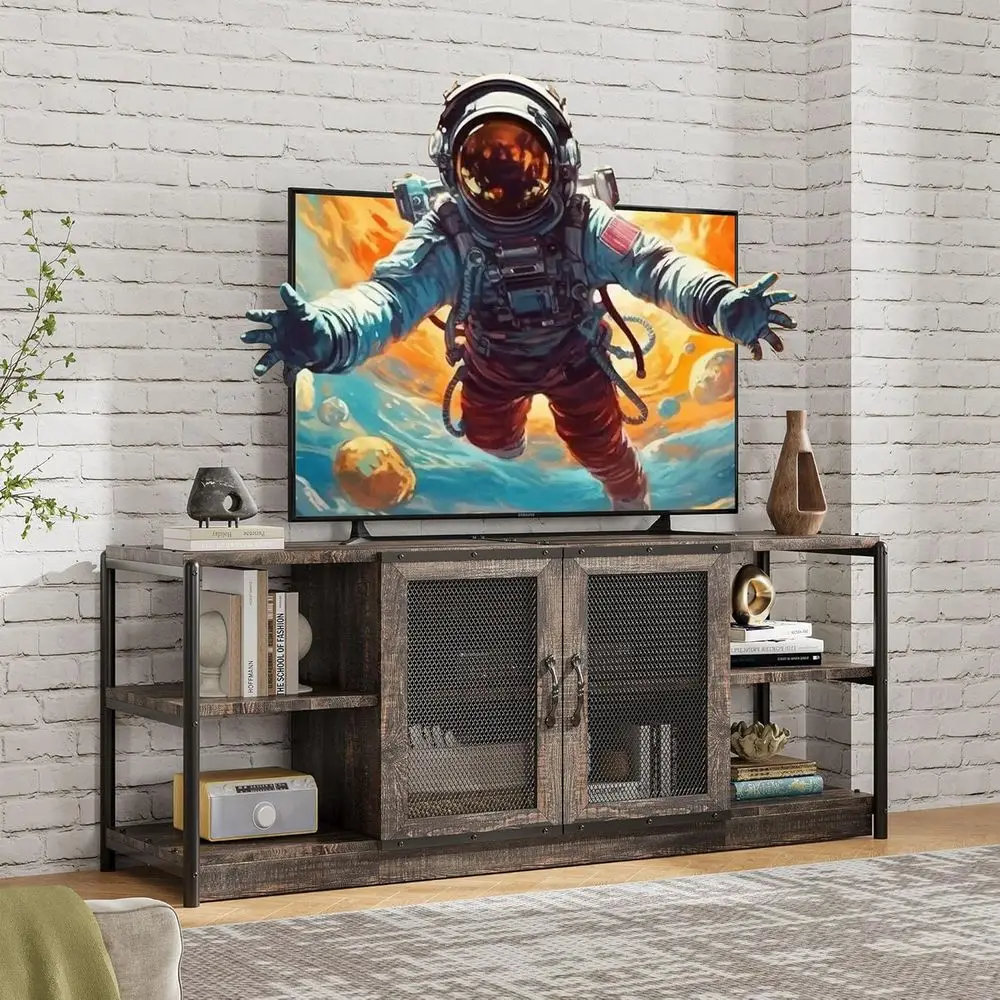 

Большая тумба под телевизор 65+ дюймов, медиа-центр в индустриальном стиле с отсеками для хранения и сетчатой дверцей, консоль для гостиной из дуба в деревенском стиле