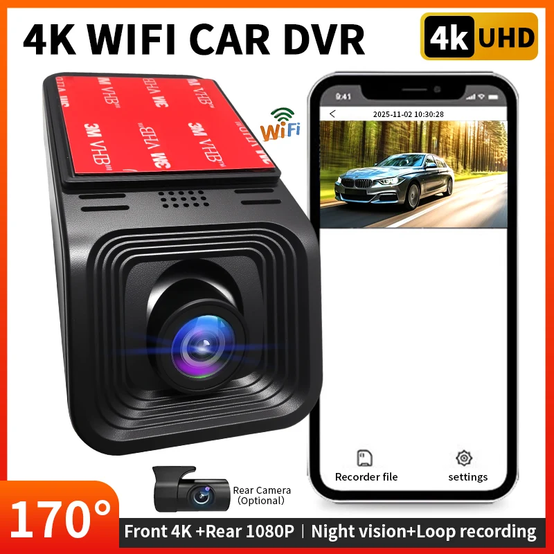 4K WiFi Dash Cam, 170° Wide Angle, Night Vision & Loop Recording, Front 4K + Rear 1080P (Optional), Mobile App Control