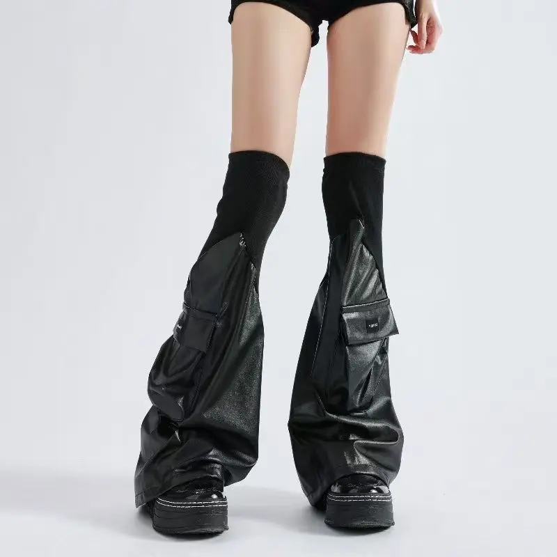 Techwear Y2K Goth Faux PU Leather Leg Warmers Women Cargo Pocket Ribbed Knit Patchwork Flare Over Knee Slouchy Industrial