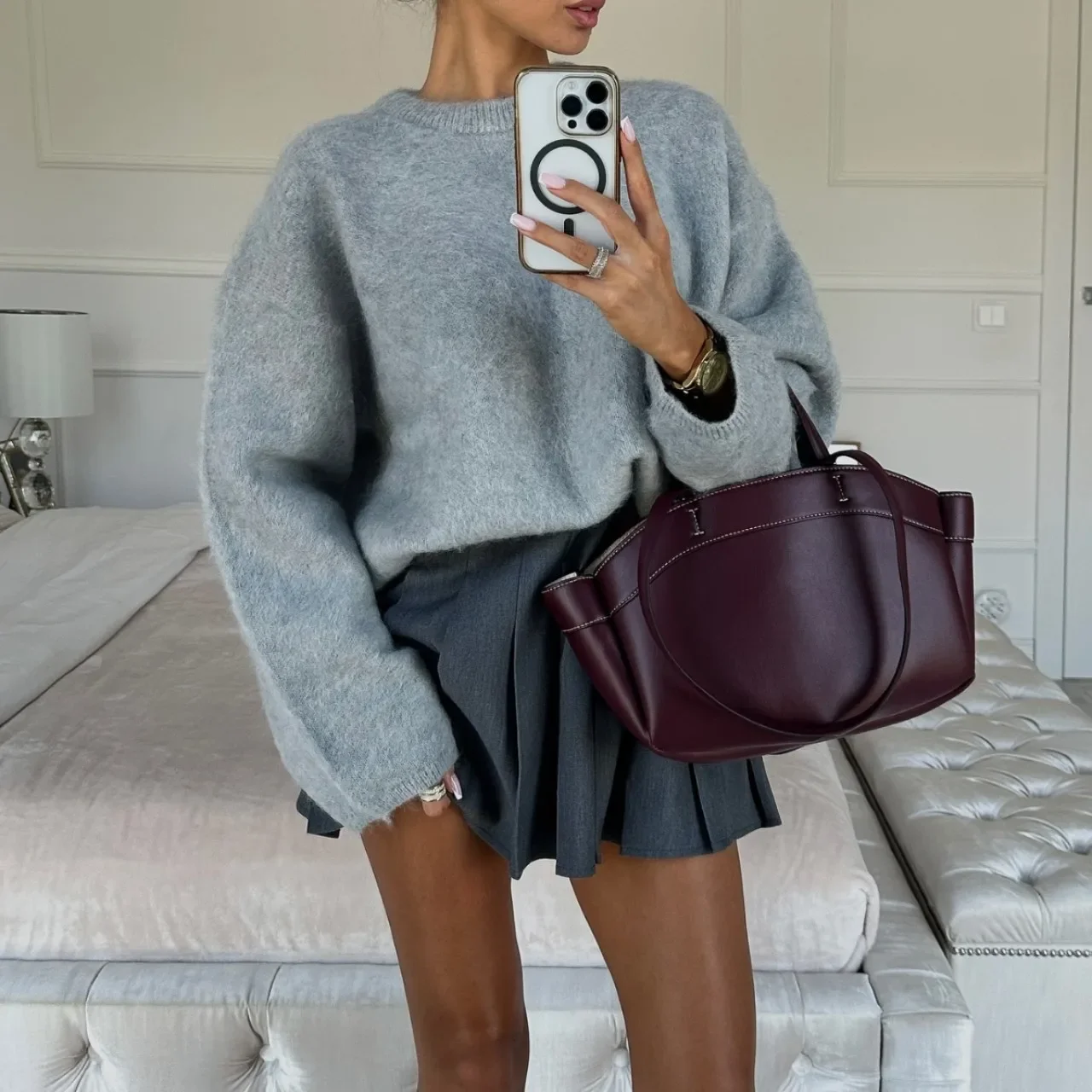 Heavyweight Gray Sweater Women's Brushed Fleece Knit Top Cozy High-End Pullover Soft Winter Warm Top