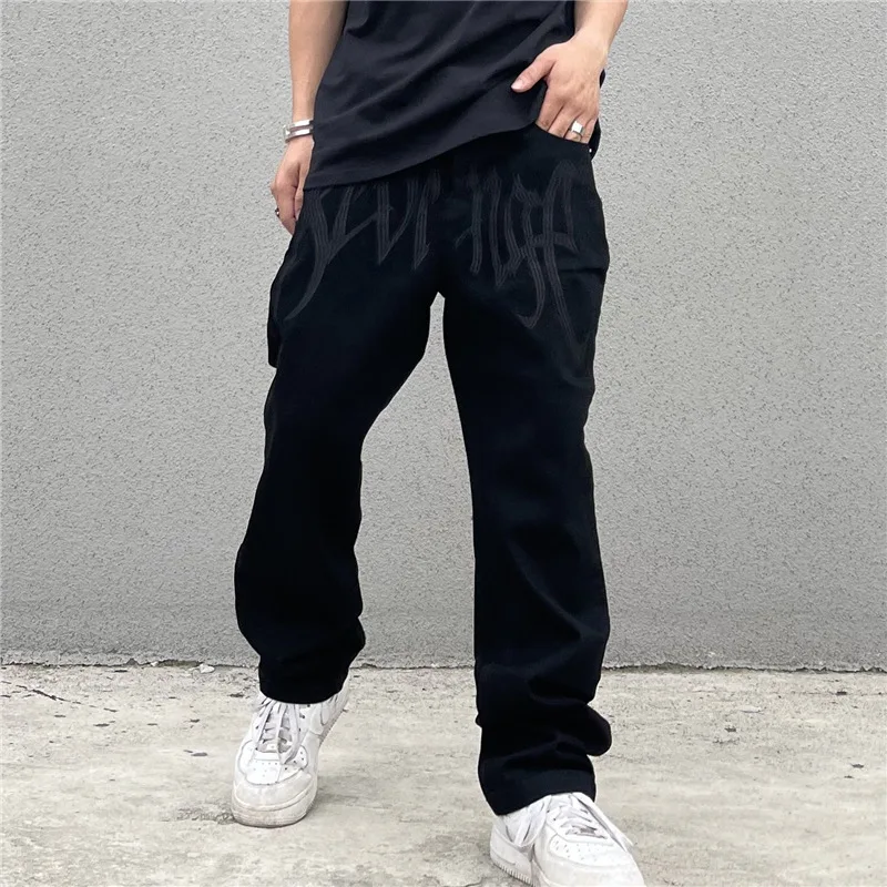 

Black Embroidered Men's Baggy Jeans Fashion Korean Trendy Straight Denim Pants Retro Hip Hop Y2K Streetwear Moto Trousers