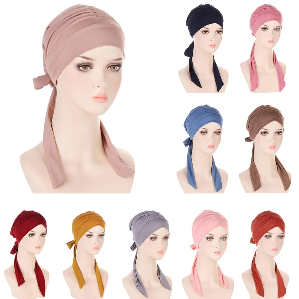 

Мусульманская женская шапка-тюрбан, шарф с морщинами, эластичная накидка на голову, бандана, хиджаб, шапка от выпадения волос, сплошной цвет, шапка от рака, химиотерапия, капот