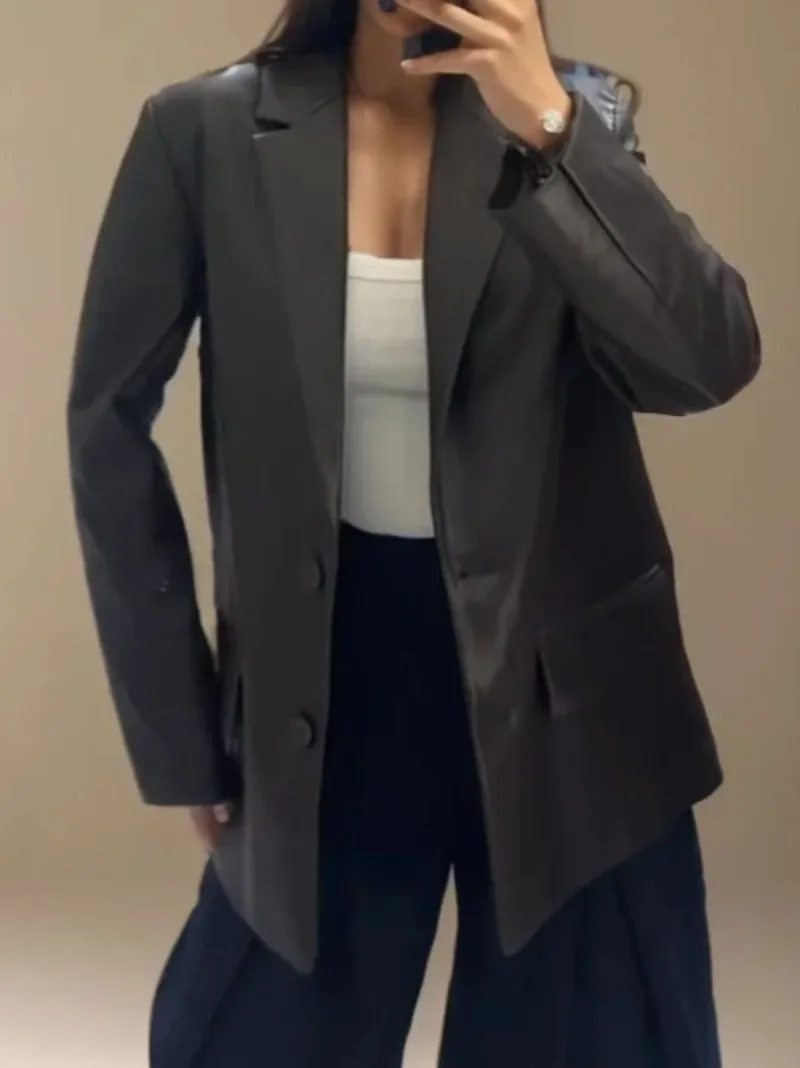 

Autumn Casual Lapel Blazer for Women Coats 2025 New Women's Fashion Elegant Straight Leather Suit Jacket Female Tops Streetwear