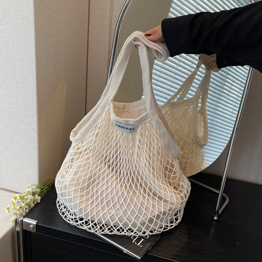 Polyester Hollow Woven Shoulder Bag Large Capacity Korean Style Mesh Handbags Edge Covering Pockets Summer Beach Tote Bags