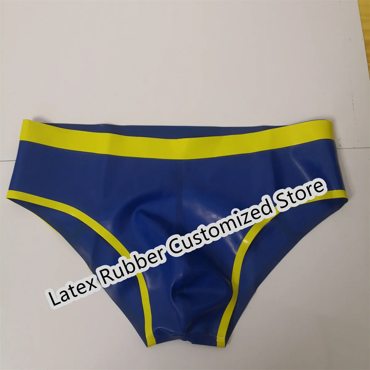 Handmade Sexy Latex Briefs Hip Open Panties Blue with Yellow Male Underwear Rubber Mens Fetish Shorts