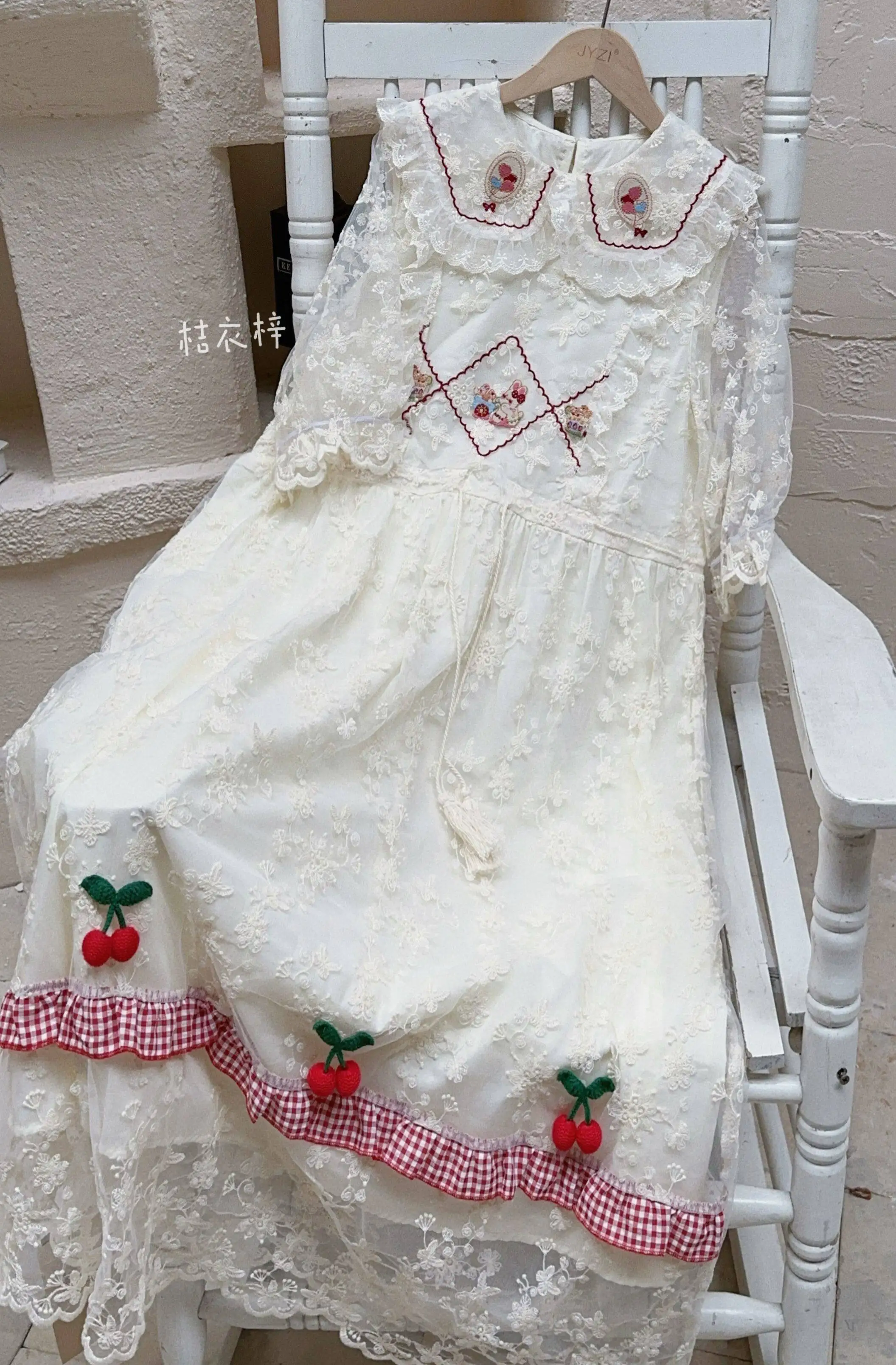 Summer Sweet Mori Long Dress Cherry Embroidery Lace Doll Collar Short Sleeve Slim Waist Casual Dress