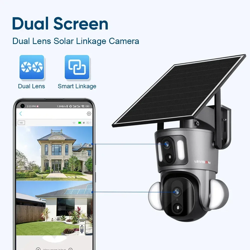 LS VISION External 360° PTZ Camera 4MP 4G Outdoor WiFi Solar Camera Dual Screen Dual PIR Detection Auto Tracking CCTV IP Camera