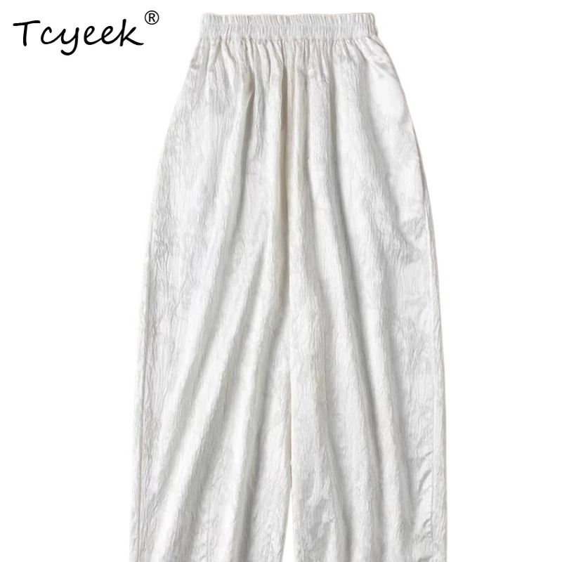 Tcyeek 61% Real Mulberry Silk Pants Women 2026 Elastic Waist Harem Wide Leg Pants Artistic Female Clothing Pantalones De Mujer