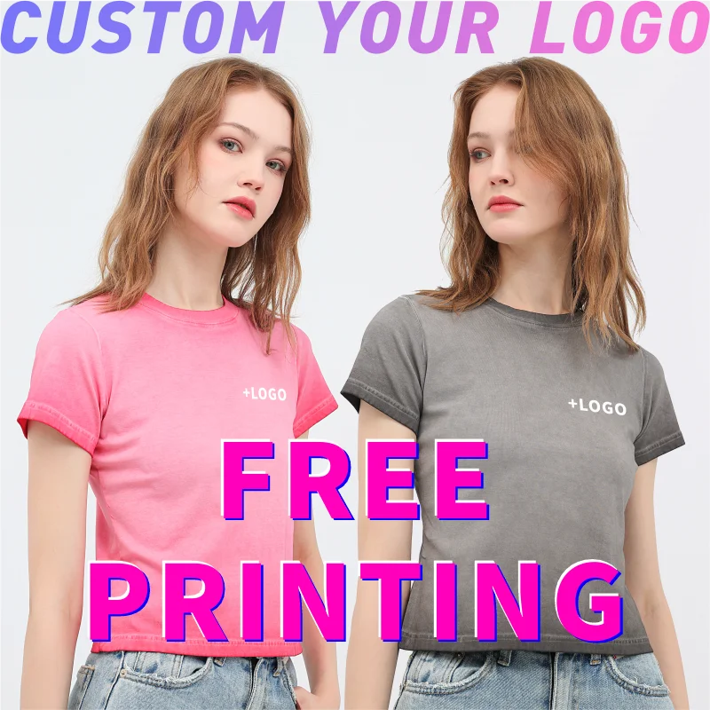 Womens vintage washed Gradient Short sleeve Crewneck Skinny Summer Slim Fit Tee Customized T-shirts free printing logo images