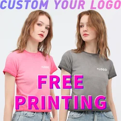 Womens vintage washed Gradient Short sleeve Crewneck Skinny Summer Slim Fit Tee Customized T-shirts free printing logo images