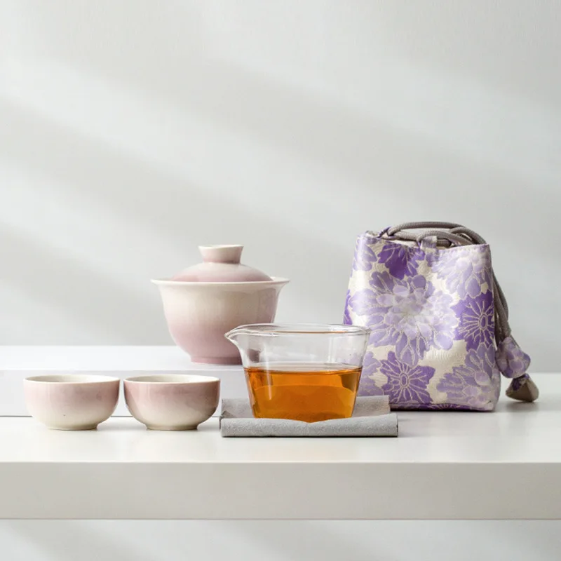 

Керамический дорожный набор HYS: кружка-термос с градиентным дизайном, портативный, для путешествий, один чайник, две чашки, с крышкой, для китайского чая, автомобильный чайный набор