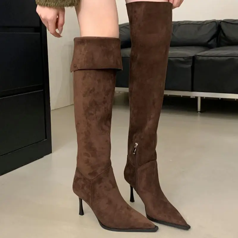 

Brown Over The Knee Boots High Heels 7cm Woman Pointed Toe Stiletto Fall Shoes Sexy Long Boots Black Bottes Femme
